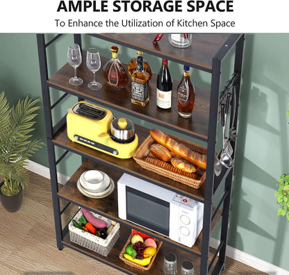 5-Tiers Bakers Rack,Microwave Oven Stand with Shelves,5 Tier Utility Storage Shelf with 5 Hooks,Multifunctional Shelf for Kitchen,Bathroom,Livingroom,Storehouse...6