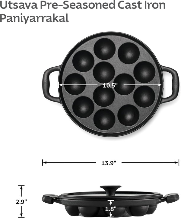 Utsava Pre-Seasoned Cast Iron 12-Hole Appam Pan | Appe Pan with Lid, Great for Paniyaram, Takoyaki and More4