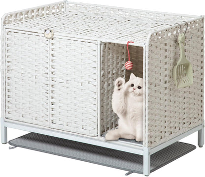 SETVSON Cat Litter Box Plant Furniture Enclosure, Rattan PE House, Natural | Decorative Planter Design, Removable Top for Easy Cleaning, Includes Artificial Plants, Real Stones, 20 X 20 Inches15