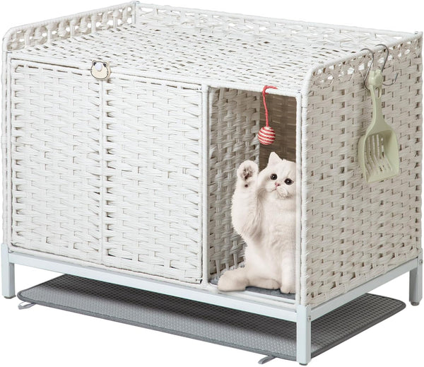SETVSON Cat Litter Box Plant Furniture Enclosure, Rattan PE House, Natural | Decorative Planter Design, Removable Top for Easy Cleaning, Includes Artificial Plants, Real Stones, 20 X 20 Inches15