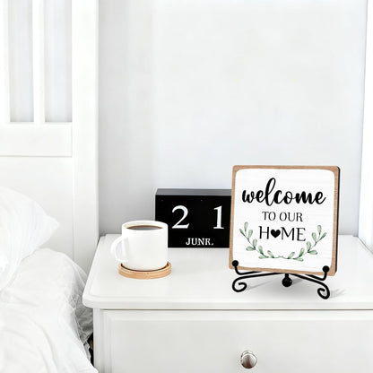Welcome to Our Home Sign Decor, Rustic Home Kitchen Wooden Sign with Iron Stand, Housewarming Gift for Living Room Bedroom Bathroom Shelf Table - A044