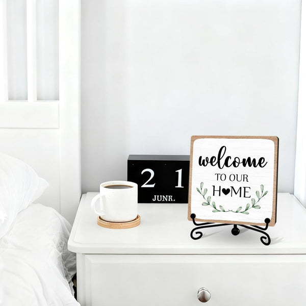 Welcome to Our Home Sign Decor, Rustic Home Kitchen Wooden Sign with Iron Stand, Housewarming Gift for Living Room Bedroom Bathroom Shelf Table - A044