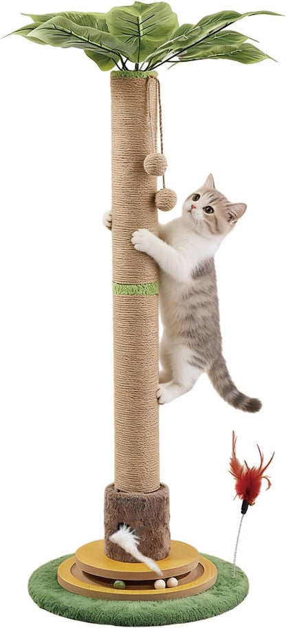 44" Tall Palm Tree Cat Scratching Post with Sisal Rope,Dangling Balls,Natural Healthy Catnip Balls,Cat Toy Mouse Hole,Interactive Wooden Ball & Cats Wand for Indoor Cats Adults and Kitten1