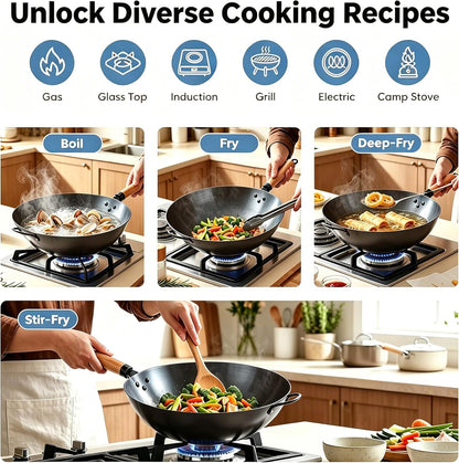 Carbon Steel Wok, 13.5" Woks & Stir-Fry Pans Nonstick, Pre-Seasoned Flat Bottom Wok for BBQ, Grill, Outdoor & Camping, Compatible with Induction, Electric, Gas, Open Fire, Deep Blue6