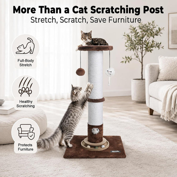 35-Inch Tall Cat Scratching Post, Stable Base for Large Cats, Brown | Heavy-Duty, Soft Natural Cotton Rope Cat Scratcher, Interactive Cat Toys, Wooden Ball Track, for Kittens and Indoor Cats3