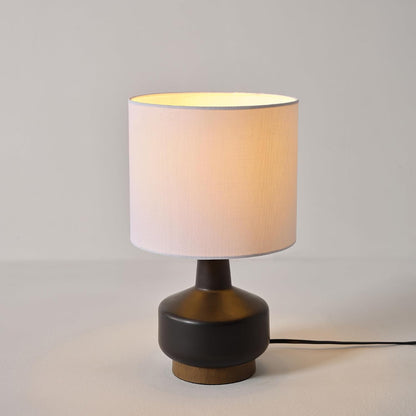 15" Ceramic Table Lamp, Matte Black Base, Wood-Toned Accent, White Linen Shade, Dual Rotary Switch, Modern Bedroom or Office Lighting, 610000466