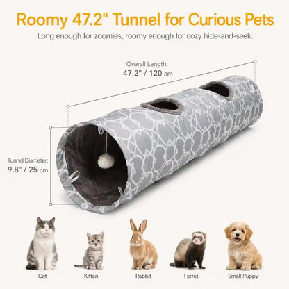 Geometric Straight Cat Tunnel with Plush Inside,Cats Toys Collapsible Tunnel Tube with Balls, for Rabbits, Kittens, Ferrets,Puppy, Diameter 9.8 Inch5