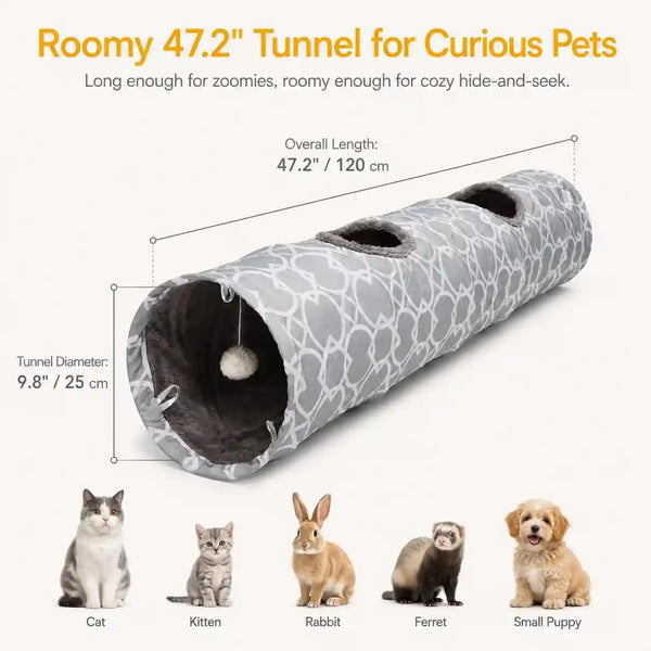 Geometric Straight Cat Tunnel with Plush Inside,Cats Toys Collapsible Tunnel Tube with Balls, for Rabbits, Kittens, Ferrets,Puppy, Diameter 9.8 Inch5