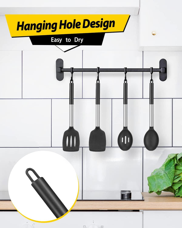 Pack of 4 Silicone Cooking Utensils Set, Non Stick Large Solid Spatulas, Heat Resistant Black Slotted Spoons, Ideal BPA Free Kitchen Turners for Frying, Mixing,Serving,Draining,Turning,Stirring6