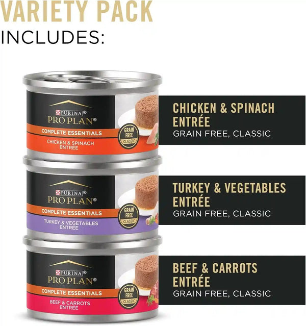 Purina Pro Plan Complete Essentials Chicken, Turkey and Beef Grain Free Wet Cat Food Variety Pack - (24) 3 Oz. Cans2