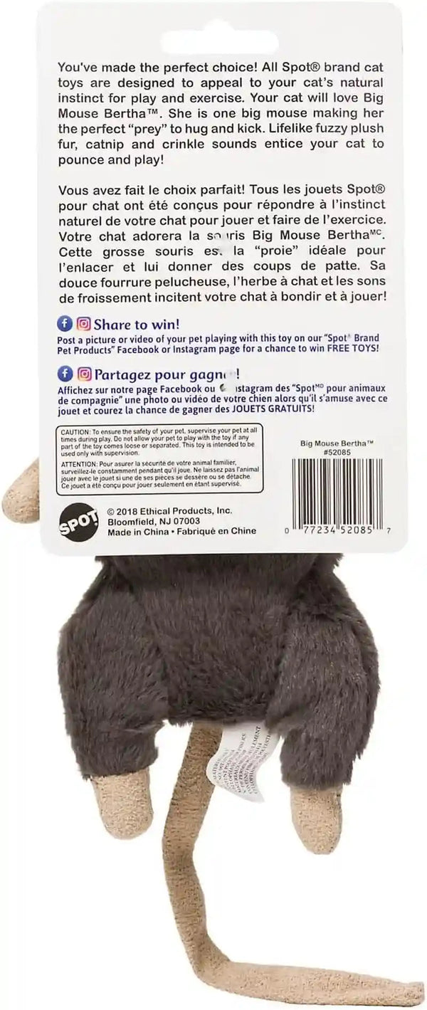 SPOT Big Mouse Bertha Cat Toy with Catnip – Lifelike Plush Mouse, Crinkle Sound, Large 7In Size, for Cuddling, Chasing, Playing – Assorted Colors3