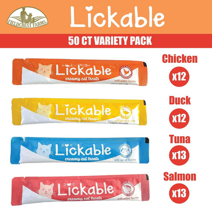 Fieldcrest Farms Lickable Cat Treats, 50 Count Variety Pack | Chicken, Tuna, Duck, Salmon, Thick & Protein-Rich Squeeze Tubes, with Taurine, Grain Free, 6 Calories per Tube2
