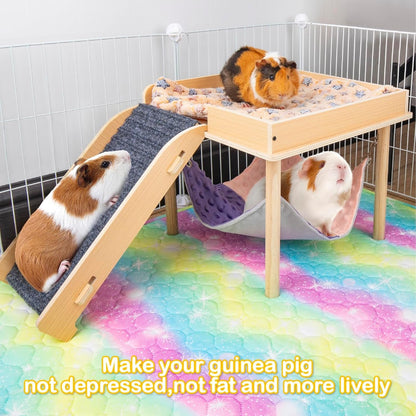 BESNEW Enlarged Guinea Pig Hammock with Platform and Stairs,Wooden Small Animal Hideout for Guinea Pigs Bunny Ferret Hamster Hiding Sleeping Activities(Single)2