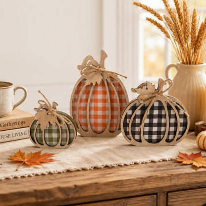 3 Pcs Pumpkin Signs, Buffalo Plaid Fall Table, Mantel Home Decor | 4.7"X9.1" Wooden Black White Checkered Pumpkin, Autumn Thanksgiving Decorations Indoor, Tabletop, Tiered Tray, Shelf, Kitchen9
