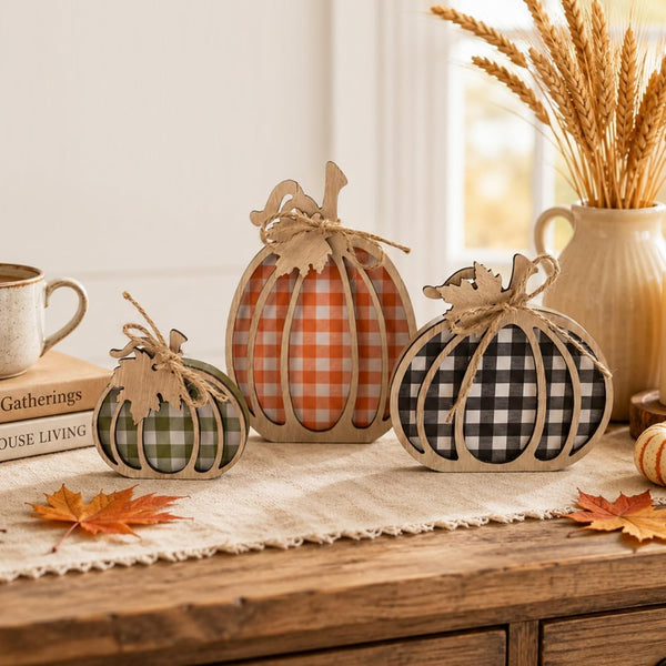 3 Pcs Pumpkin Signs, Buffalo Plaid Fall Table, Mantel Home Decor | 4.7"X9.1" Wooden Black White Checkered Pumpkin, Autumn Thanksgiving Decorations Indoor, Tabletop, Tiered Tray, Shelf, Kitchen9