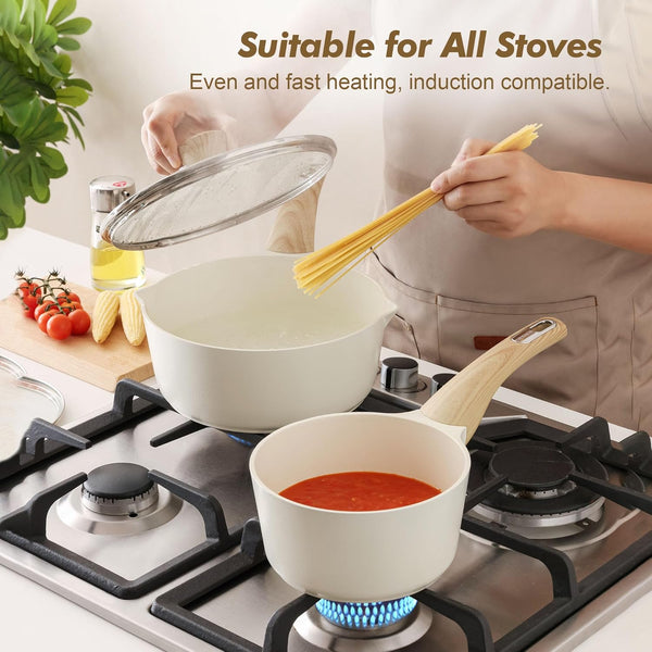 1.5 & 2.5 Quart Ceramic Sauce Pan Sets with Lid, Cooking Pots Set, Nonstick Saucepan Set with Pour Spout, Small Kitchen Pot, Non Toxic Saucepot, Induction Comptable, PFOA PTFE PFAS Free4