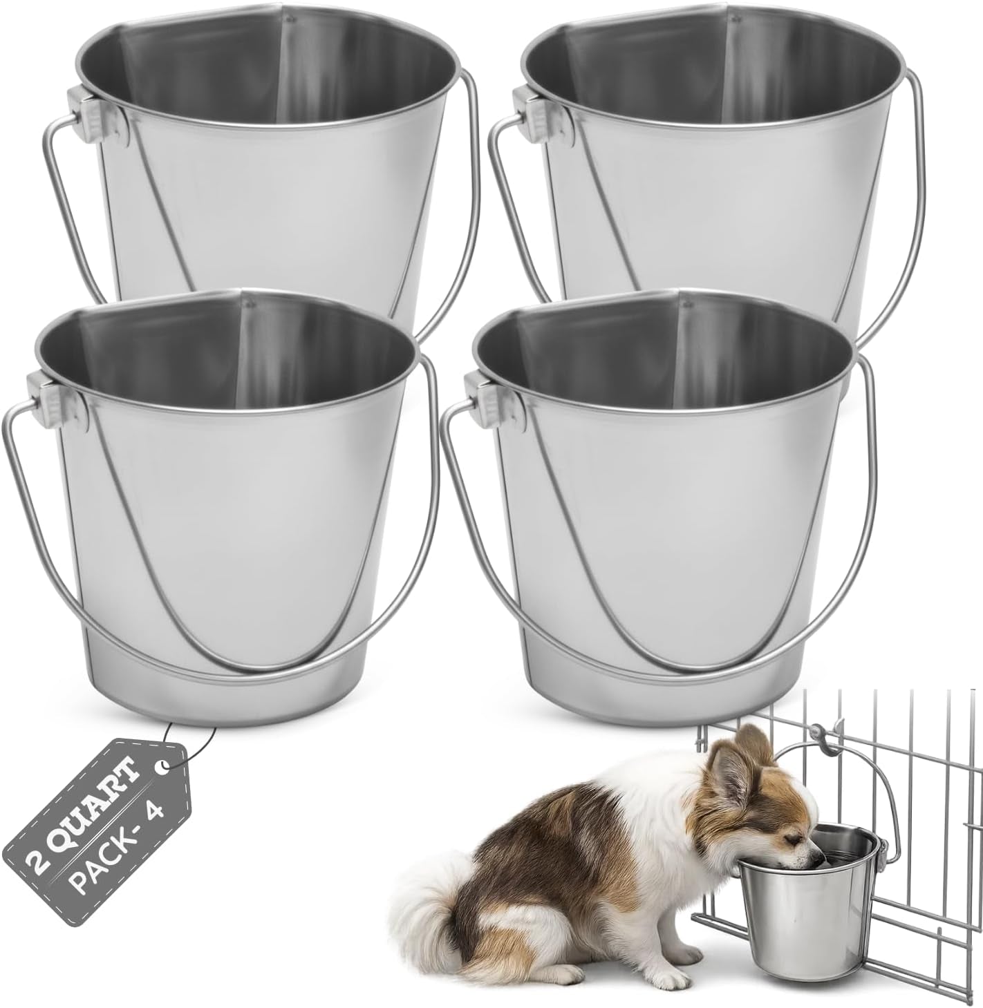 flat-side-stainless-steel-bucket-2-quart-hanging-feeding-utility-pail-for-small-dog-cat-birds-fits-kennel-cage-compatible-heavy-duty-food-water-feeder-0-5-gallon-silver-bucket-4-pack