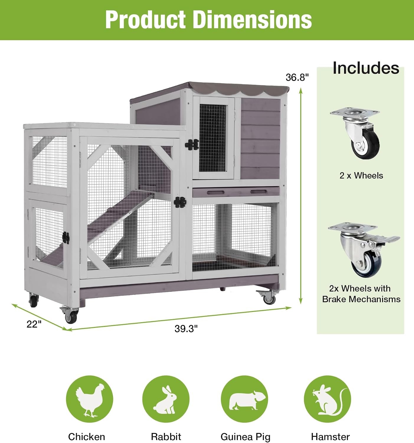 gutinneen-wooden-duplex-rabbit-cage-on-wheels-with-chew-proof-ramp-grey-4-mobile-swivel-casters-2-story-design-waterproof-rain-cover-5-access-doors-2-sliding-trays