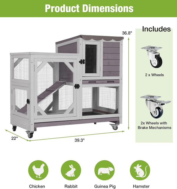 GUTINNEEN Wooden Duplex Rabbit Cage on Wheels with Chew-Proof Ramp, Grey | 4 Mobile Swivel Casters, 2-Story Design, Waterproof Rain Cover, 5 Access Doors, 2 Sliding Trays8