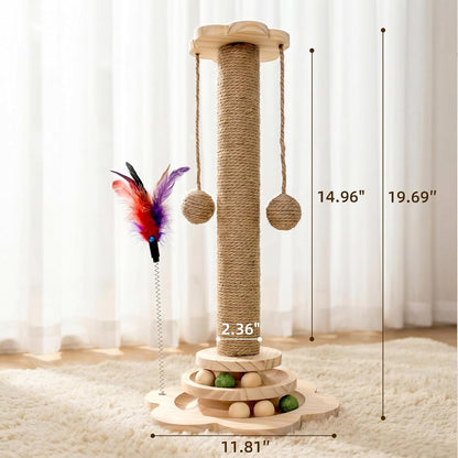 Scratching Post - 4 in 1 Cat Scratch Post, Interactive Cute Small Wooden Cat Scratcher with 2 Level Catnip Toys Balls & 2 Sisal Hanging Balls for Indoor Kitten Kitty4