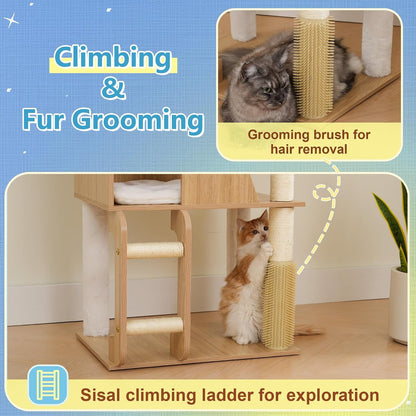 Hey-Brother Wooden Cat Tree, Furniture Tower with Large Platforms, MPJ121BT | 69.7 Inch, Modern Full Sisal Scratching Posts, Hammocks, Spacious Condo, Ladder, Brush, Water Proof Surface, White Oak6