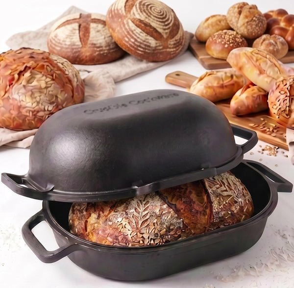 Extra Large Cast Iron Artisan Bread Pan 6 Loop Handles Deep Lid for Steam Baking - Sourdough Bread Oven, Covered Loaf Baker1