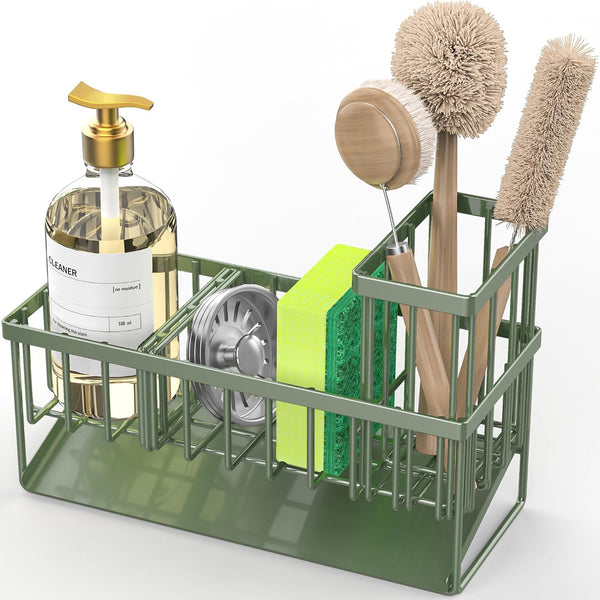 Kitchen Sink Caddy, Sponge Holder for Kitchen Sink, Kitchen Sink Organzier and Storage with High Brush Holder, 304 Stainless Gadgets Sink Accessories, Organizadores De Cocina Sage Green7