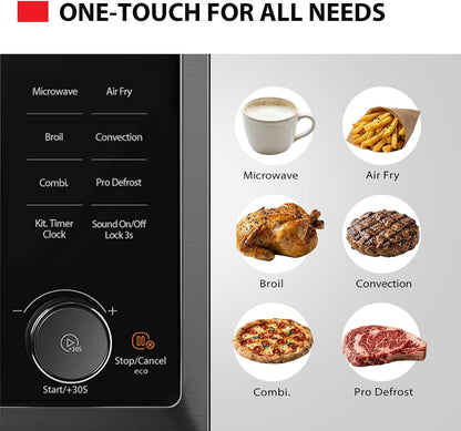 Optichef Basic Countertop Microwave Air Fryer Combo – 0.9 Cu.Ft, Origin Inverter Tech, Convection Bake & Broil, 27 Auto Menus, Black Stainless Steel2