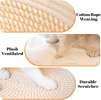 CHEERHOME PETS Cat Bed Basket with Cushion, Cotton Rope Woven Pet Bed for Indoor Cats Couch, Stimulicat Cat Bed Handwoven Breathable, All Season Universal (White)4