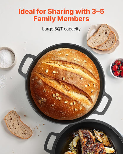 Cast Iron Dutch Oven, 2-In-1 Pre-Seasoned Pot with Skillet Lid, 5QT Cookware Pan with Proofing Basket, Bread Baking Accessories, Bread-Oven Compatible 500℉2