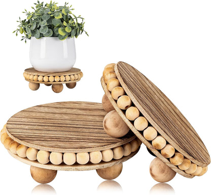 round Wood Risers for Display：2P Beaded Riser Distressed Decor | Stable Wood Coaster-Rustic Farmhouse Pedestal Display Riser for Cake/Plant Stand/ Tiered-Ball Decoration-Raised High Holder1