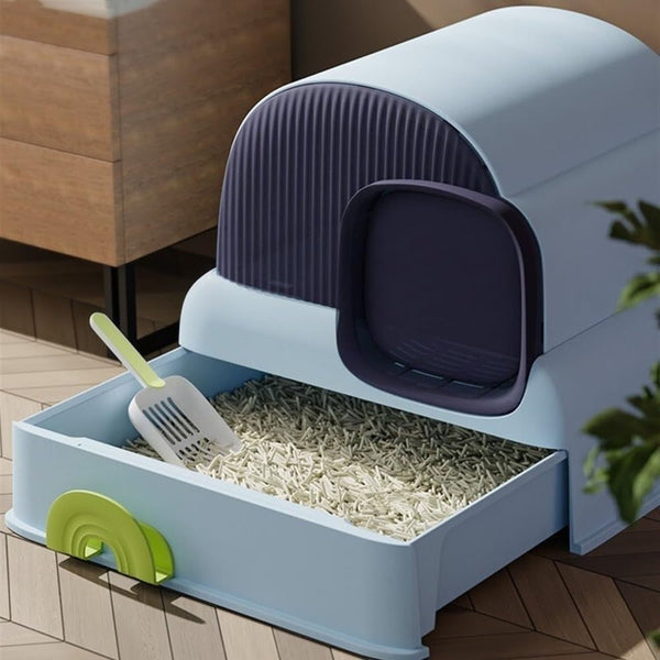 Pet Supplies, Enclosed Cat Litter Box with Hood & Drawer, Anti-Splash & Easy Clean(Blue)3