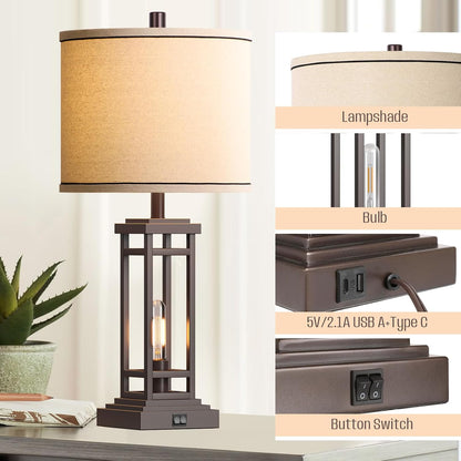 27.5 Tall Farmhouse Table Lamps with USB C + USB a Charge Ports, Rustic Living Room Lamps Set of 2, Black Industrial End Table Lamp for Bedroom Living Room Nightstand (Oil-Rubbed Bronze)4