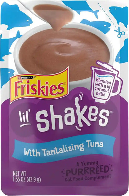 Purina Friskies Pureed Cat Food Topper, Lil’ Shakes with Tantalizing Tuna Lickable Cat Treats - (Pack of 16) 1.55 Oz. Pouches1