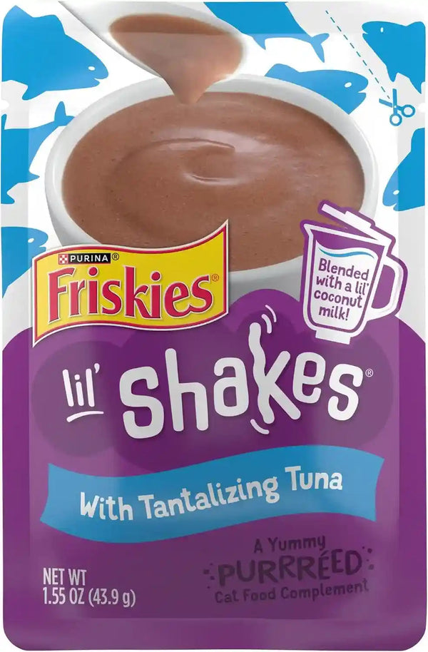 Purina Friskies Pureed Cat Food Topper, Lil’ Shakes with Tantalizing Tuna Lickable Cat Treats - (Pack of 16) 1.55 Oz. Pouches1