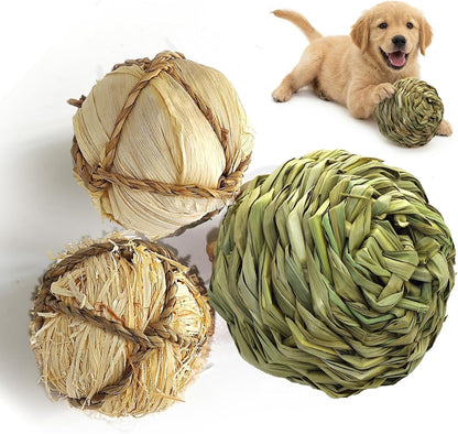 Dog Chew Toys, 3Pcs Woven Grass Chew Ball for Dogs, Dental Teething & Interactive Fetch Toys, Outdoor Digestible Chew Ball for Boredom Relief - Seaweed & Timothy Hay, Cornsilk, Cornleaf13
