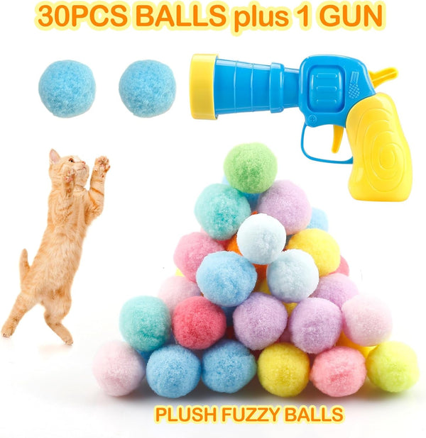 Meohui 31Pcs Cat Ball Toy Launcher Gun,Cat Balls Fetch Toy,30Pcs Plush Fuzzy Balls Launcher Cat Toy for Cats with 1 Gun,Funny Interactive Cat Toys for Bored Indoor Adult Cats,Cute Kitten Kitty Toys3