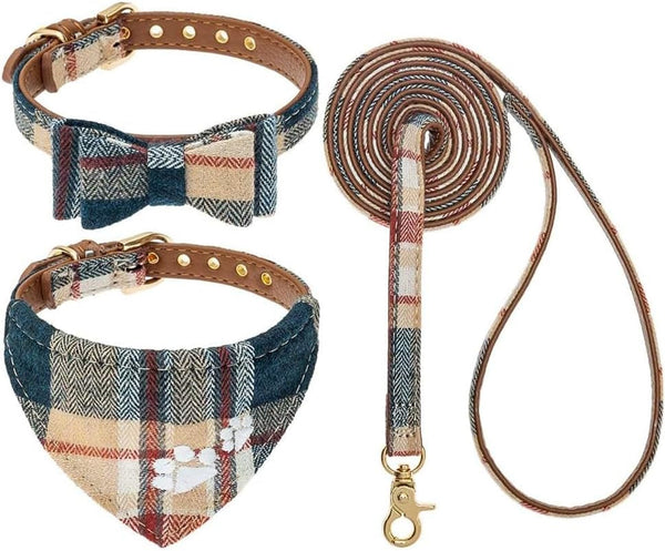 EXPAWLORER Puppy Collar and Leash Set - Embroidery Pawprints Plaid Dog Collar and Dog Leash Set, Bow Tie and Bandana Dog Collar with Bell, Cute Collar and Leash for Dogs Cats Outdoor Walking, Blue S21