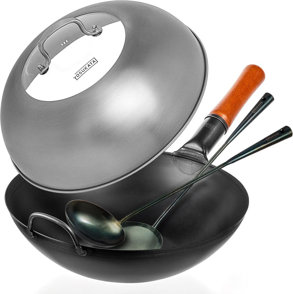 Black Carbon Steel Wok Pan Flat Bottom 13,5 “ + Premium Stainless Wok Cover + Pre-Seasoned Utensils Set - Blue Carbon Steel 17-Inch Wok Spatula, Wok Ladle, 3 Pairs1