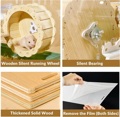 Cycodo 8 in 1 Acrylic Hamster Cage,2-Tier Dwarf Hamster Cage with Wooden Wheel & Hideout,Small Hamster Habitat with Accessories,Clear Pet Mice House(Green,14" L*10" W*11" H)3