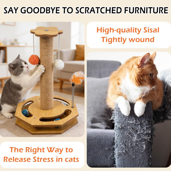 Cat Scratching Post with Vertical Scratcher and Tracking Interactive Toy for Kittens,4 in 1 Cat Scratcher Toy with Cat Ball Tracks,16.6" Tall with Interactive Feather4
