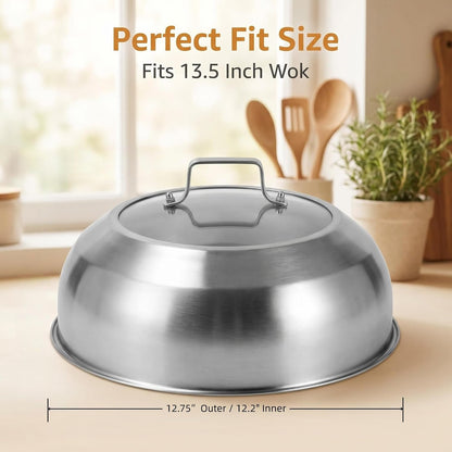12.75 Inch (12.2 Inch Inner Diameter) Stainless Steel Basting Cover, for 13.5 Inch Wok, Melting Dome for Griddle Cooking, round Steaming Cover Lid with Tempered Glass Top and Steam Holes7