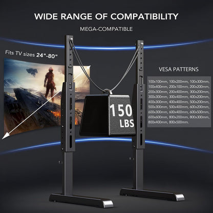 Universal TV Stand, Table Top TV Stand Base Wobble Replacement for Most 24 to 80 Inch LCD LED Tvs, 7 Height Adjustable TV Legs Hold up to 150Lbs, Max VESA 800X500Mm, Black AX10TB025