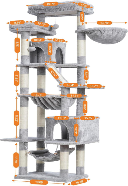 Heybly Cat Tree, 71-Inch-Tall Tower for Indoor Cats with 2 Perches HCT034W | Large Cat Furniture with 2 Big Condos, 2 Hammocks, Basket, Scratching Pad, Multi-Level Cat Condo, Light Gray3