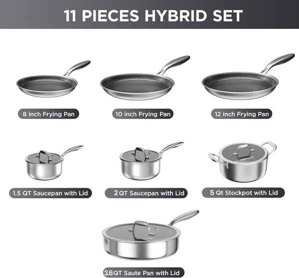 11 Pcs Pots and Pans Set，Hybrid Stainless Steel Cookware Set | Non Stick, Non Toxic, PFOA Free, Oven Safe, Dishwasher Safe, Induction Compatible5
