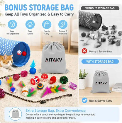 AILUKI 35PCS Cat Toys Variety Pack for Indoor Cats, Kitten Toys Set with Collapsible Cat Tunnel, Feather Wand, Plush Mice, Crinkle Balls & Interactive Cat Toys Bundle Storage Bag3