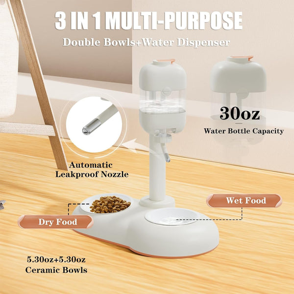 Pet Bowls with Weaning Bottles,3 in 1 Height Adjustable Water Dispenser for Dogs,15°Tilted Food Bowls for Small Dogs,Puppy Feeding,Pet Food Bowls for Cats,Rabbits,Ferrets2