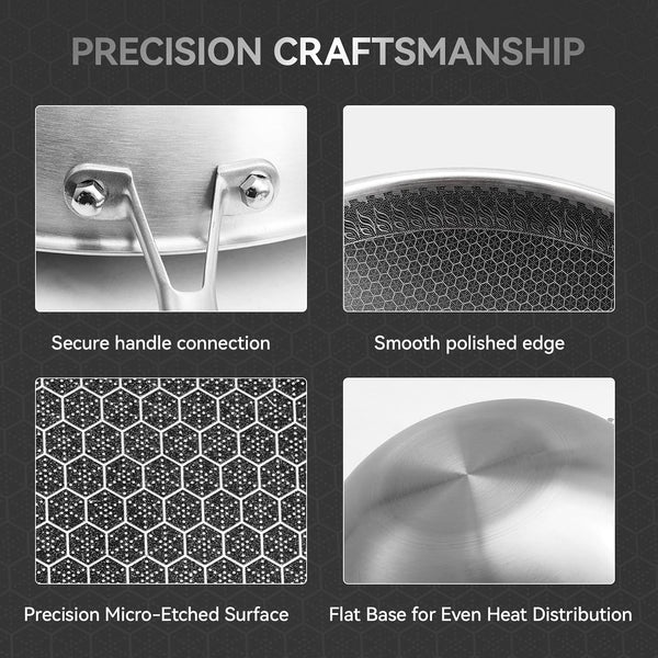 12.2 Inch Stainless Steel Honeycomb Wok Pan with Glass Lid, 3-Ply 18/10 Stainless Steel Stir Fry Pan, Flat Bottom Wok for Induction, Gas, Electric and Glass Stoves, 4.2 QT4