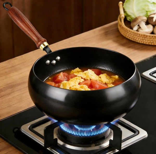 Fast-Heating Cast Iron Stir-Fry Pan Deep round Base with Wooden Handle-24Cm | Hand-Hammered Household Uncoated Cast Iron Wok, Uncoated Thick-Walled Cast Iron Potfor Stir-Fry, Sear, Braise.8