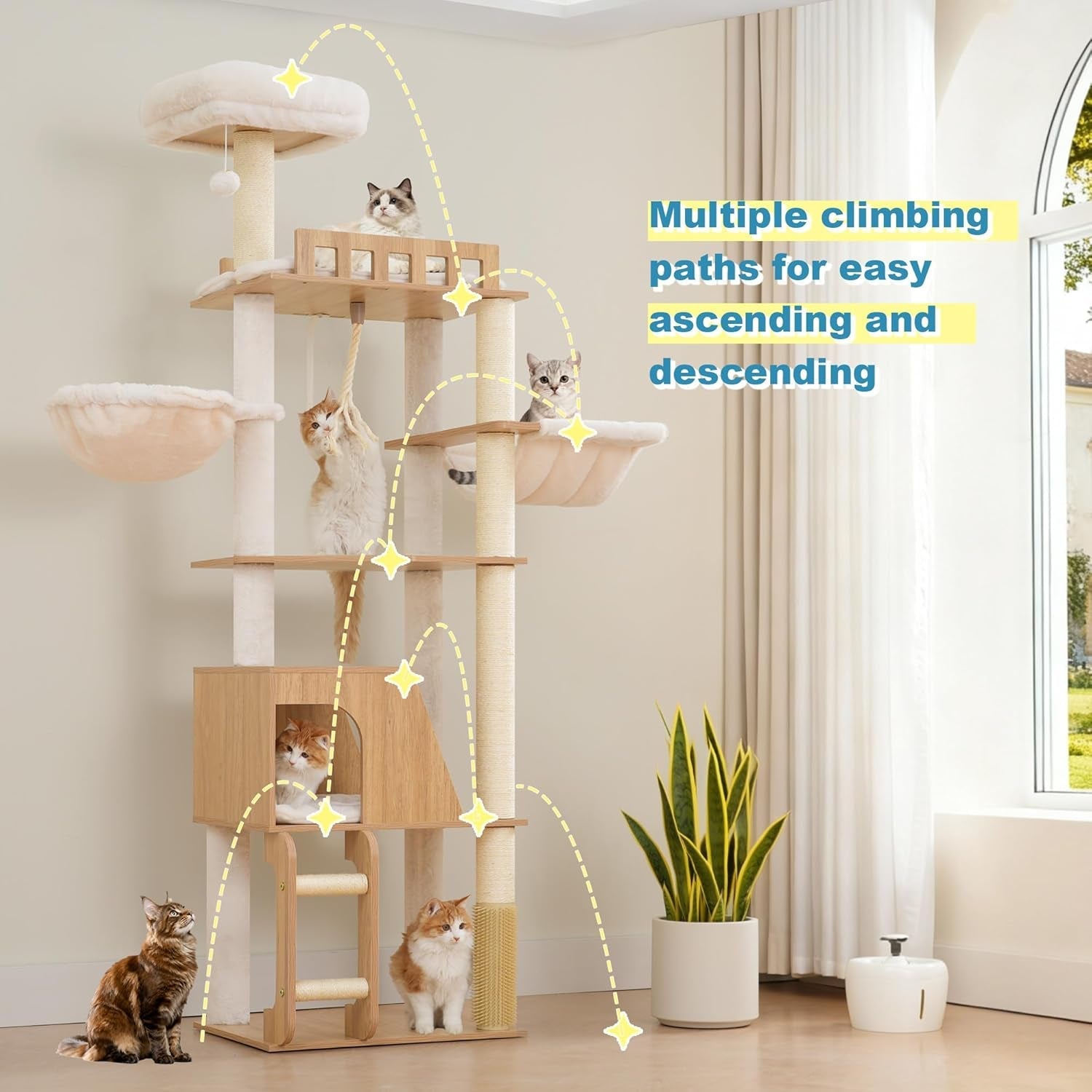 hey-brother-wooden-cat-tree-furniture-tower-with-large-platforms-mpj121bt-69-7-inch-modern-full-sisal-scratching-posts-hammocks-spacious-condo-ladder-brush-water-proof-surface-white-oak